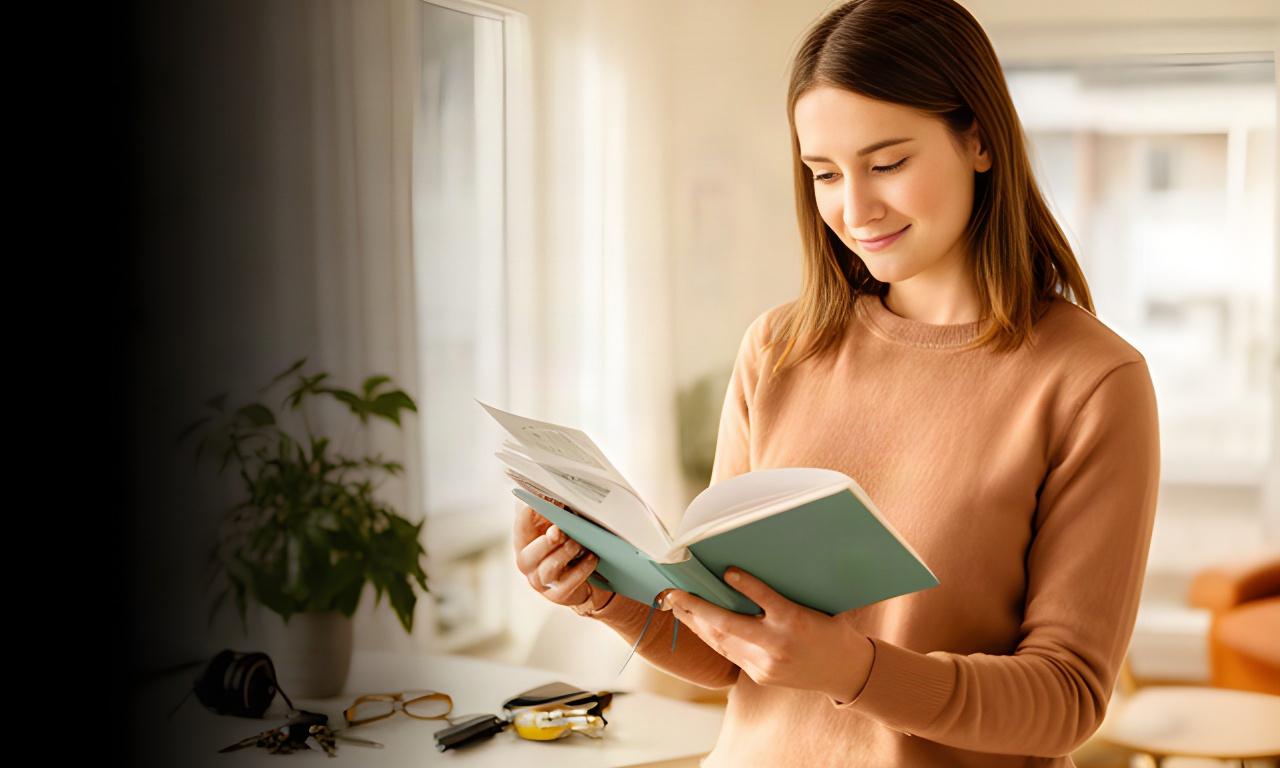 Junge Berufseinsteigerin in ihrer ersten hellen Wohnung in Grenchen mit Notizbuch und Monatsbudget